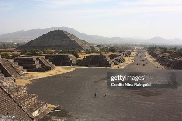 View of the Pyramid of the Sun and the Avenue of the Dead from the top of the Pyramid of the Moon on February 07, 2009 in Teotihuacan, Mexico. The...