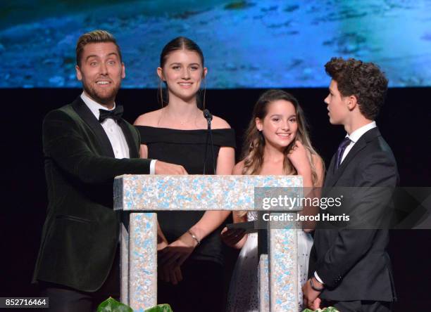 Lance Bass, Brooke Butler, Annie LeBlanc and Hayden Summerall speak onstage at the Environmental Media Association's 27th Annual EMA Awards at Barkar...