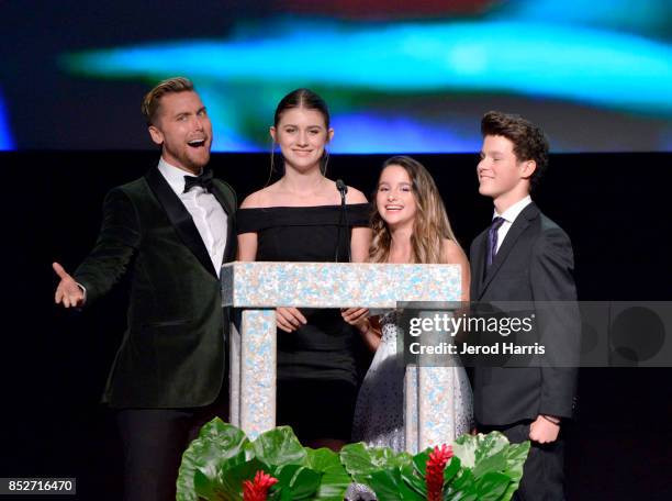Lance Bass, Brooke Butler, Annie LeBlanc and Hayden Summerall speak onstage at the Environmental Media Association's 27th Annual EMA Awards at Barkar...