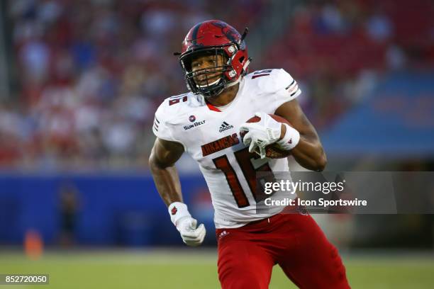 Arkansas State Red Wolves tight end Blake Mack turns up field after a reception during a football game against the SMU Mustangs on September 23, 2017...