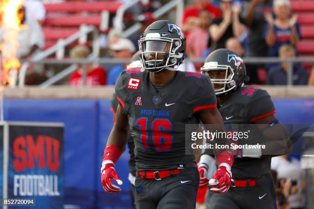 Mustangs wide receiver Courtland Sutton runs onto the field before a football game against the Arkansas State Red Wolves on September 23, 2017 at...