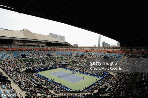 General view during the women's singles final match on day seven of the Toray Pan Pacific Open Tennis At Ariake Coliseum on September 24, 2017 in...