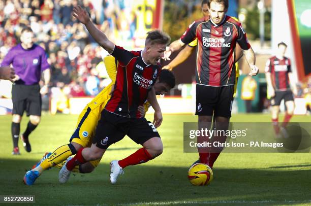 Bournemouth's Matt Ritchie wins a free kick against Brighton and Hove Albion's Jake Forster-Caskey which led to Ritchie's opening goal during the Sky...