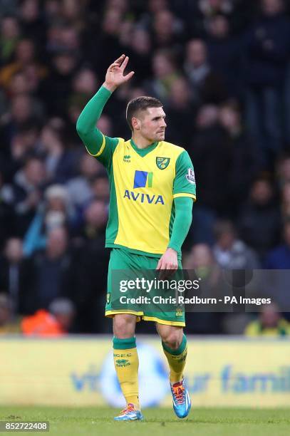 Norwich City's Gary Hooper celebrates after scoring his team's opening goal