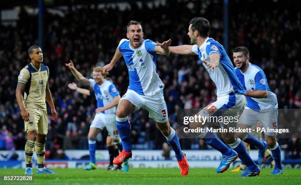 Blackburn Rovers' Tommy Spurr celebrates scoring his teams first goal against Leeds United, during the Sky Bet Championship match at Ewood Park,...
