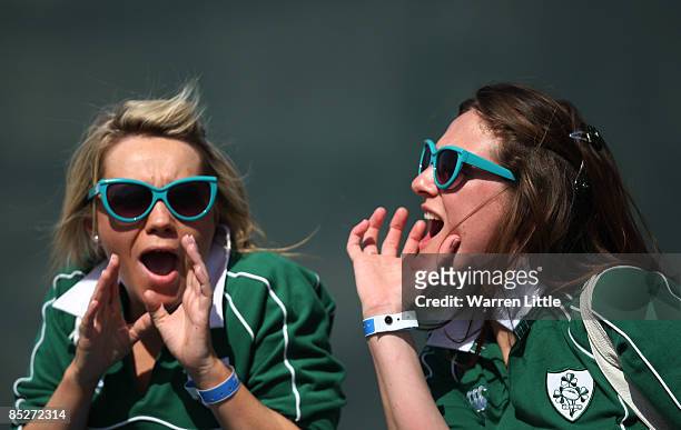Irish fans cheer their team on during the IRB Rugby World Cup Sevens 2009 at The Sevens stadium on March 6, 2009 in Dubai, UAE.