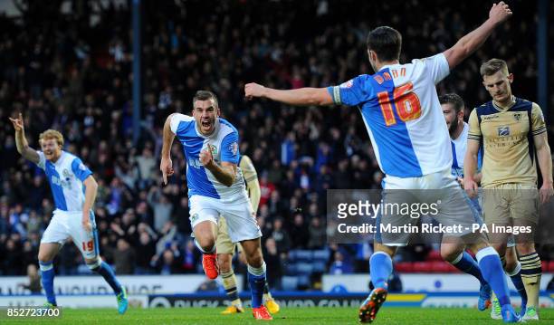 Blackburn Rovers' Tommy Spurr celebrates scoring his teams first goal against Leeds United, during the Sky Bet Championship match at Ewood Park,...