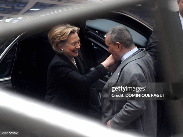 Czech Foreign Minister Karel Schwarzenberg welcomes US Secretary of State Hillary Clinton prior to their bilateral meeting in Brussels on March 6,...