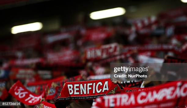 Benfica supporters waving their scarfs during the Portuguese League football match between SL Benfica and FC Pacos de Ferreira at Luz Stadium in...