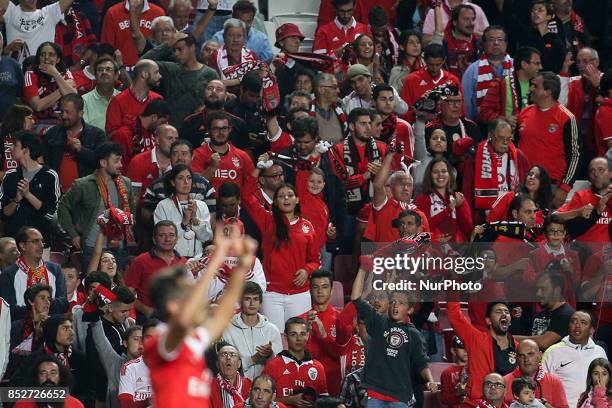 Benfica supporters celebratig their goal scored by Benfica's forward Jonas during the Portuguese League football match between SL Benfica and FC...