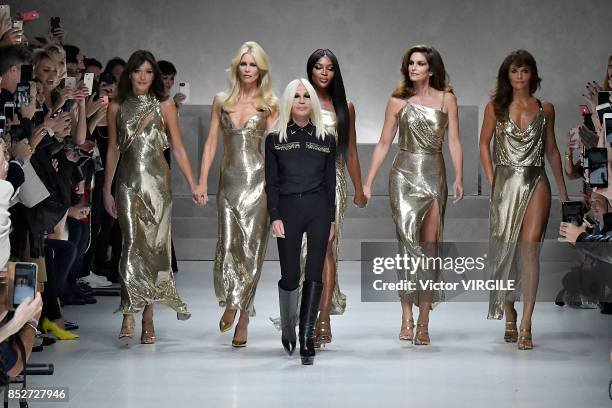 Carla Bruni, Claudia Schiffer, Donatella Versace, Naomi Campbell, Cindy Crawford and Helena Christensen walks the runway at the Versace Ready to Wear...