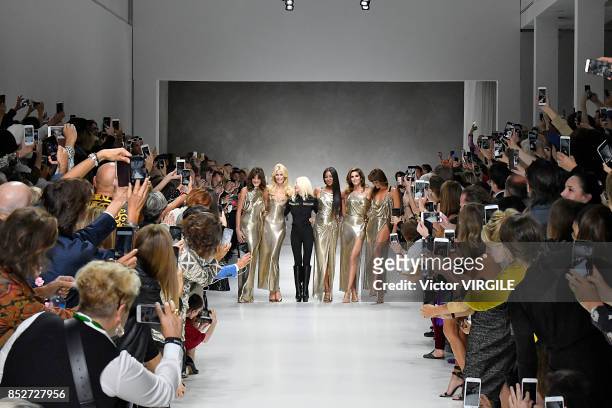 Carla Bruni, Claudia Schiffer, Donatella Versace, Naomi Campbell, Cindy Crawford and Helena Christensen walk the runway at the Versace Ready to Wear...