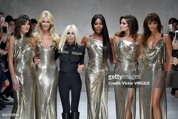 Carla Bruni, Claudia Schiffer, Donatella Versace, Naomi Campbell, Cindy Crawford and Helena Christensen walk the runway at the Versace Ready to Wear...