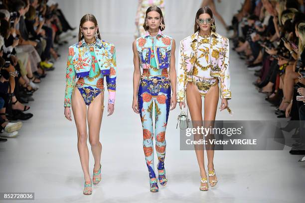 Model walks the runway at the Versace Ready to Wear Spring/Summer 2018 fashion show during Milan Fashion Week Spring/Summer 2018 on September 22,...