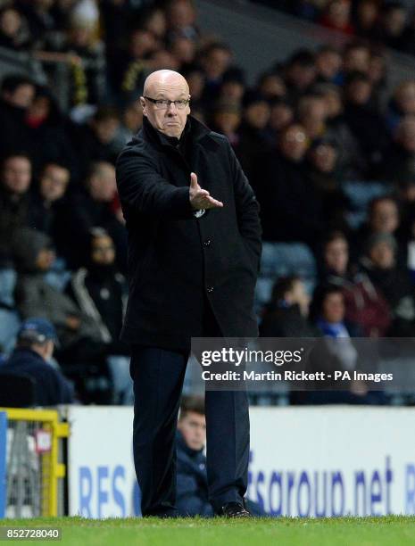 Leeds United manager Brian McDermott watches his team in action against Blackburn Rovers, during the Sky Bet Championship match at Ewood Park,...