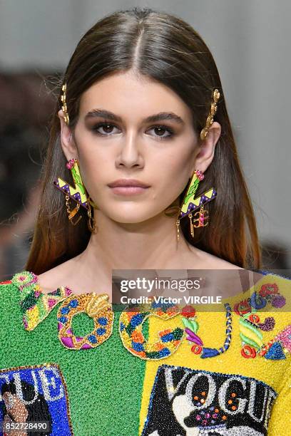 Kaia Gerber walks the runway at the Versace Ready to Wear Spring/Summer 2018 fashion show during Milan Fashion Week Spring/Summer 2018 on September...