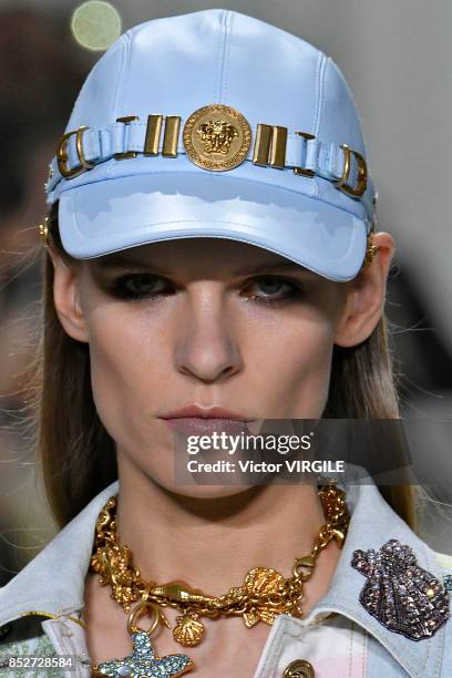 Model walks the runway at the Versace Ready to Wear Spring/Summer 2018 fashion show during Milan Fashion Week Spring/Summer 2018 on September 22,...