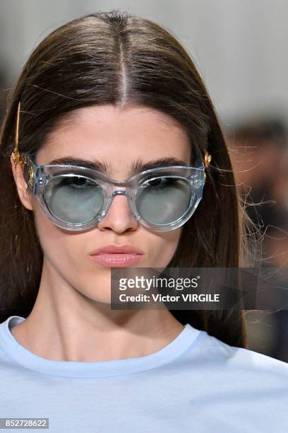 Model walks the runway at the Versace Ready to Wear Spring/Summer 2018 fashion show during Milan Fashion Week Spring/Summer 2018 on September 22,...