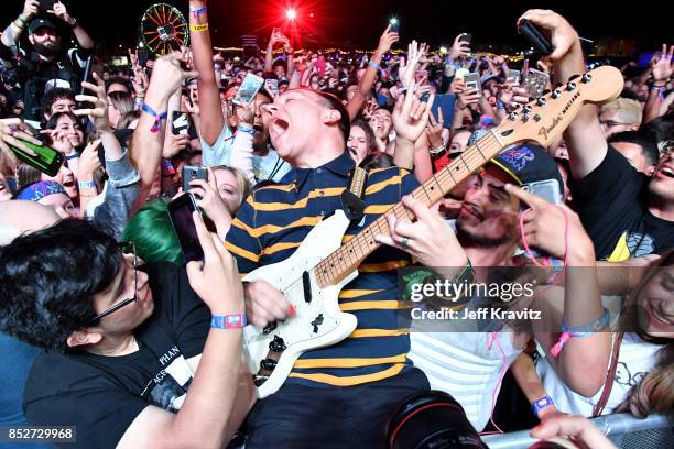 Brad Shultz of Cage The Elephant performs on Downtown Stage during day 2 of the 2017 Life Is Beautiful Festival on September 23, 2017 in Las Vegas,...