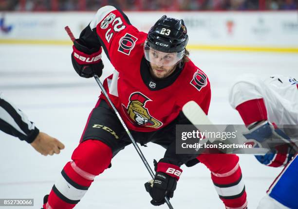 Ottawa Senators Max Reinhart prepares for a face-off during the NHL preseason game between the Ottawa Senators and the Montreal Canadians on...