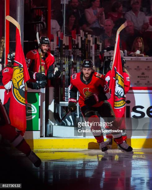 Ottawa Senators centre Max Reinhart skates onto the ice prior to the NHL preseason game between the Ottawa Senators and the Montreal Canadians on...