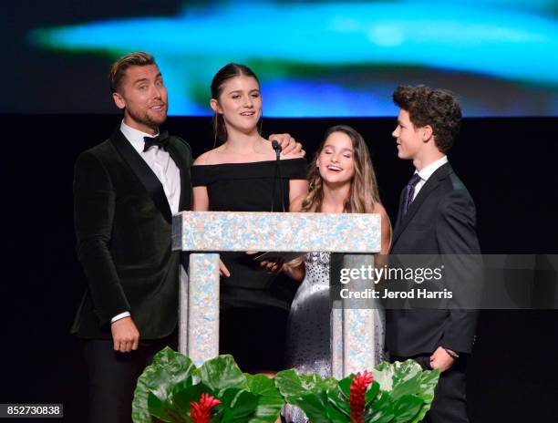 Lance Bass, Brooke Butler, Annie LeBlanc and Hayden Summerall speak onstage at the Environmental Media Association's 27th Annual EMA Awards at Barkar...