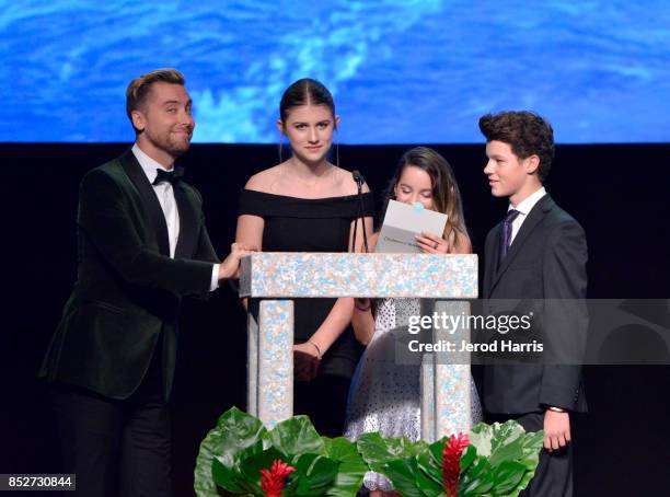 Lance Bass, Brooke Butler, Annie LeBlanc and Hayden Summerall speak onstage at the Environmental Media Association's 27th Annual EMA Awards at Barkar...