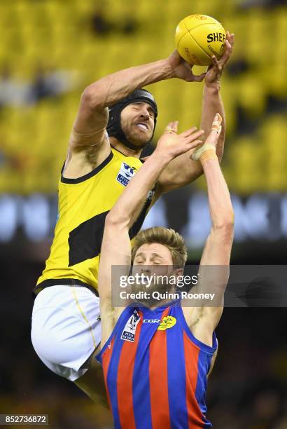 Ben Griffiths of Richmond attempts to mark during the VFL Grand Final match between Richmond and Port Melbourne at Etihad Stadium on September 24,...