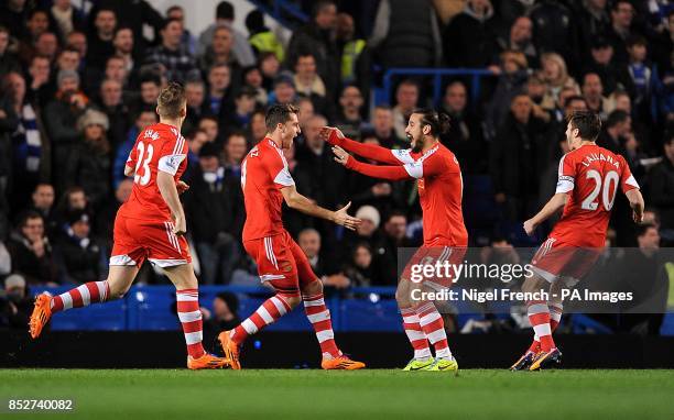 Southampton's Jay Rodriguez celebrates with his team-mate Pablo Daniel Osvaldo after scoring his team's opening goal