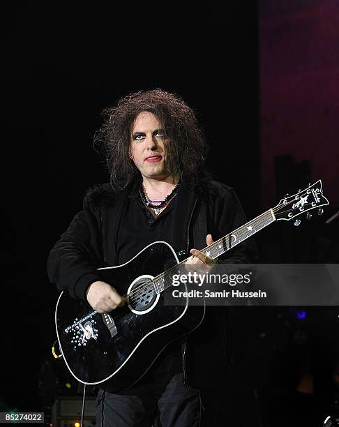 Robert Smith of The Cure performs at the 02 Arena as part of NME's Big Gig on February 26, 2009 in London, England.