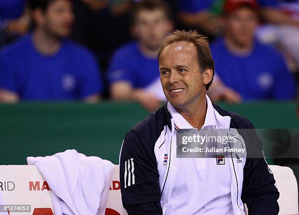 Captain John Lloyd looks on as Josh Goodall of Great Britain plays Ilya Marchenko of Ukraine during day one of the Davis Cup Euro/Africa Zone Group...