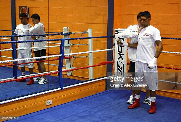 Amir Khan during a media workout at the Gloves Community Centre on March 6, 2009 in Bolton, England. Amir Khan is due to fight Marco Antonio Barrera...