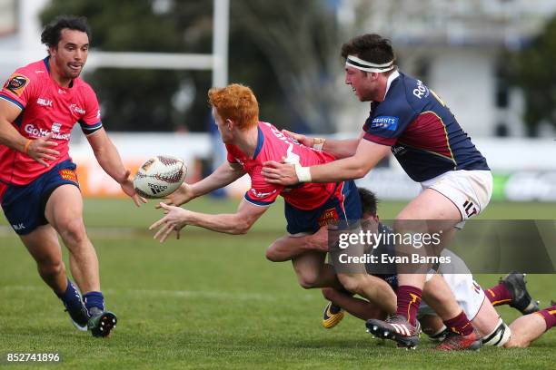 Finlay Christie of Tasman gets a pass away during the round six Mitre 10 Cup match between Tasman and Southland at Trafalgar Park on September 24,...