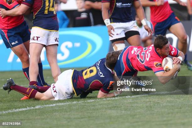 Mitchell Hunt of Tasman goes over for a try during the round six Mitre 10 Cup match between Tasman and Southland at Trafalgar Park on September 24,...