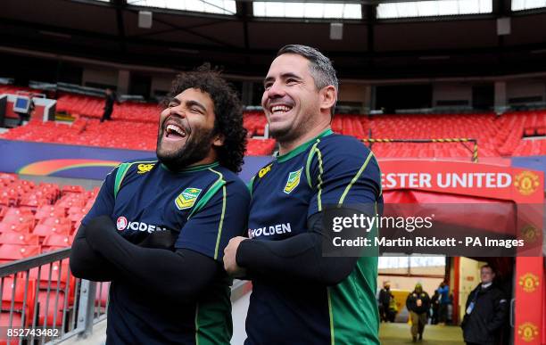 Australia's Corey Parker and Sam Thaiday walk out onto the Old Trafford pitch, during the captain's run at Old Trafford, Manchester.