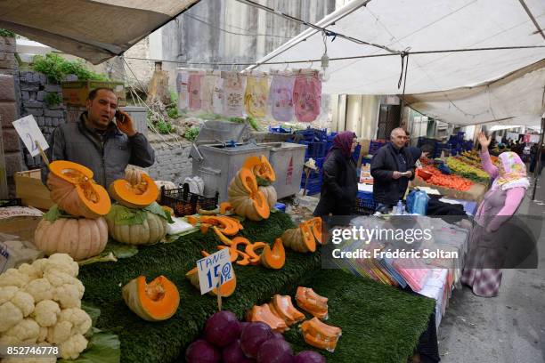 The neighborhood of Tarlabasi in Istanbul. Market in the neighbourhood of Tarlabasi, in the Beyoglu district in Istanbul on October 14, 2014 in...