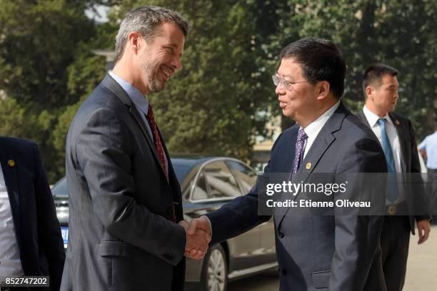The President of Tsinghua University, Professor Qiu Yong welcomes Crown Prince Frederik of Denmark to attend the Opening of the Sino-Danish...