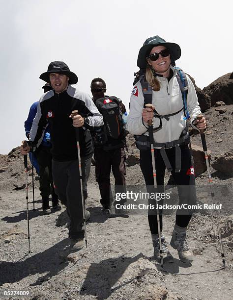 Denise Van Outen and Gary Barlow arrive in camp on day six day of The BT Red Nose Climb of Kilimanjaro on March 5, 2009 near Arusha, Tanzania....