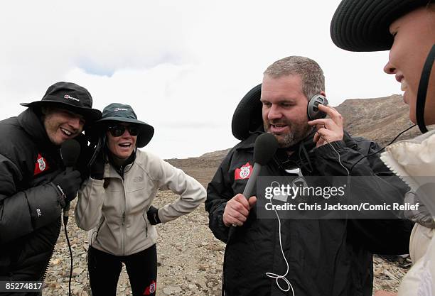 Gary Barlow, Denise Van Outen, Chris Moyles and Kimberley Walsh record a live phone in for radio one on day six day of The BT Red Nose Climb of...