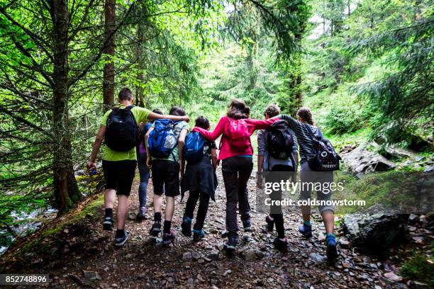 adventuring teenage friends arm in arm together while hiking in the mountains, apuseni, romania - field trip stock pictures, royalty-free photos & images