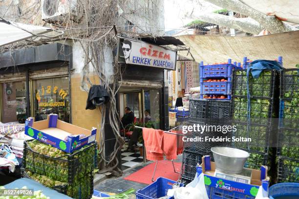The neighborhood of Tarlabasi in Istanbul. Market in the neighbourhood of Tarlabasi, in the Beyoglu district in Istanbul on October 14, 2014 in...
