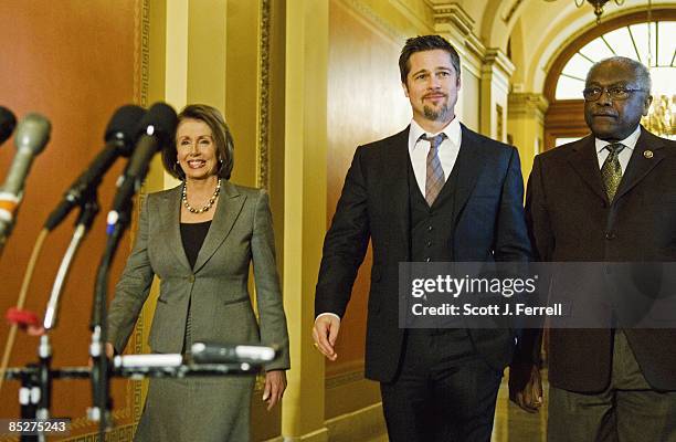 March 05: House Speaker Nancy Pelosi, D-Calif., actor Brad Pitt and House Majority Whip James E. Clyburn, D-S.C., during a news conference before...