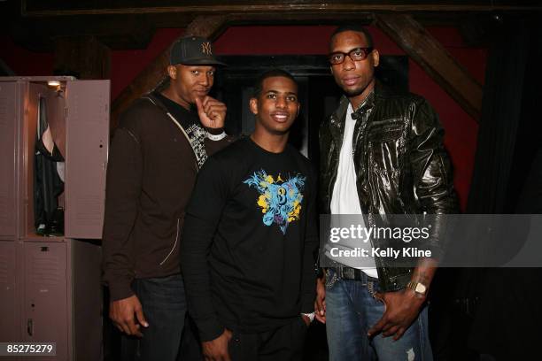 Hornets teammates Morris Peterson, Chris Paul and David West attends the Chris Paul and Jordan Brand CP3.II Shoe Launch at Republic Nightclub on...