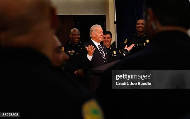 Vice President Joe Biden speaks as he visits the City of Miami police department to highlight the American Recovery and Reinvestment Act on March 6,...