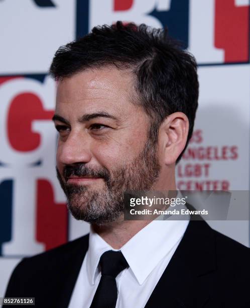 Talk show host Jimmy Kimmel arrives at the Los Angeles LGBT Center's 48th Anniversary Gala Vanguard Awards at The Beverly Hilton Hotel on September...