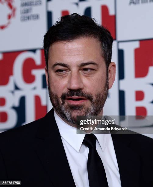 Talk show host Jimmy Kimmel arrives at the Los Angeles LGBT Center's 48th Anniversary Gala Vanguard Awards at The Beverly Hilton Hotel on September...