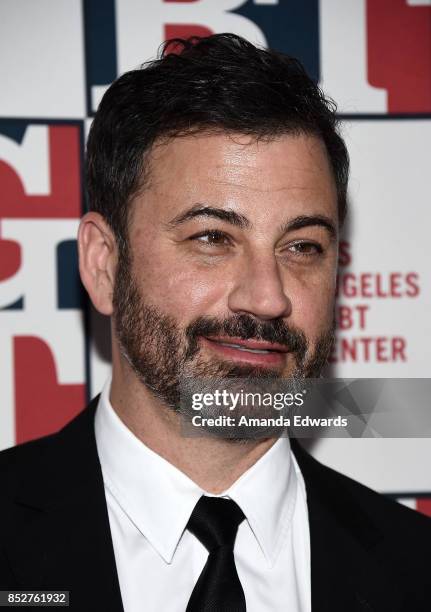 Talk show host Jimmy Kimmel arrives at the Los Angeles LGBT Center's 48th Anniversary Gala Vanguard Awards at The Beverly Hilton Hotel on September...