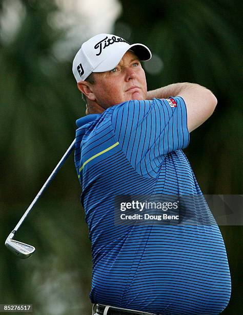 Jarrod Lyle follows his tee shot on the seventh hole during the first round of The Honda Classic at PGA National Resort and Spa on March 5, 2009 in...