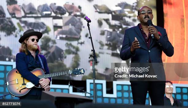 Wesley Schultz of the Lumineers and Prime Minister of Antigua and Barbuda Gaston Browne present onstage during the 2017 Global Citizen Festival in...