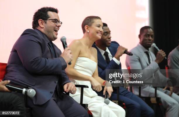 Actors Josh Gad, Kate Hudson, Chadwick Boseman and Sterling K. Brown onstage at the Q & A for "Marshall" during the 21st Annual Urbanworld Film...